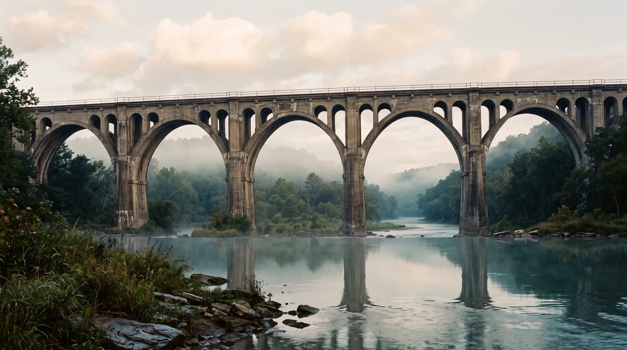 A multi-arch concrete railroad viaduct crossing a misty river valley at dawn.