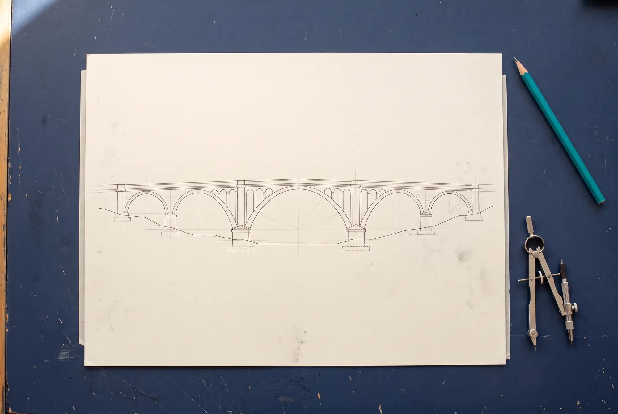 A pencil elevation drawing of a multi-arch bridge on cream drafting paper, with a compass and a teal pencil.